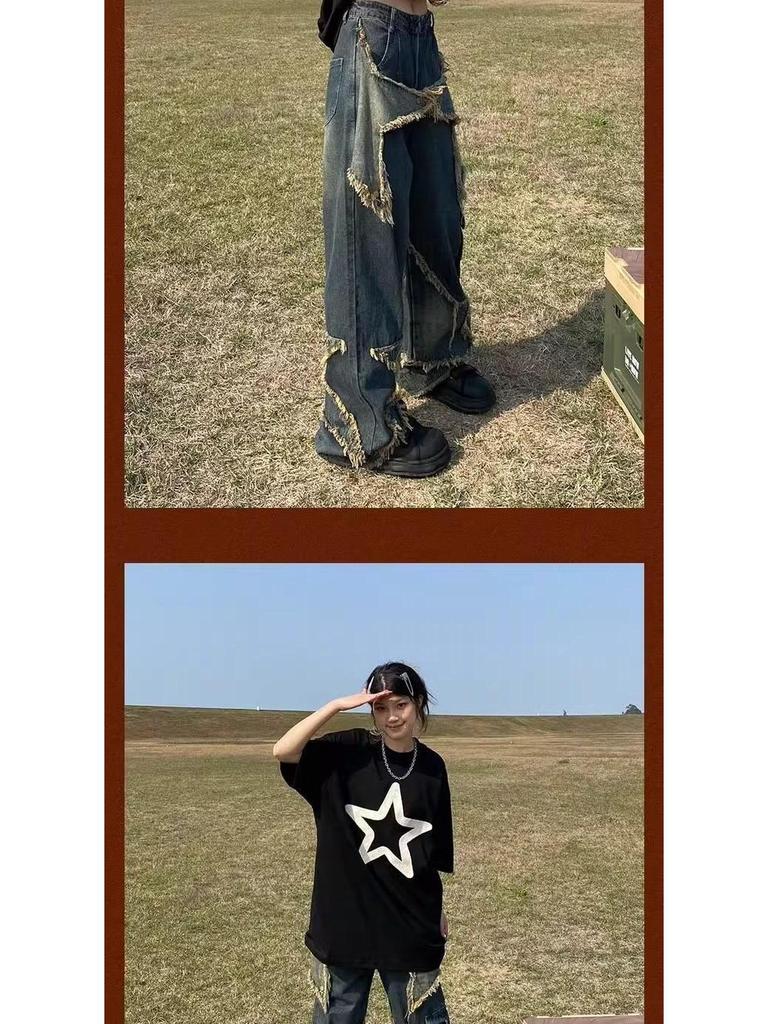 Men's Fringe Ripped Jeans & Women's Cargo Pants with Big Pocket Design - Summer Retro Style.