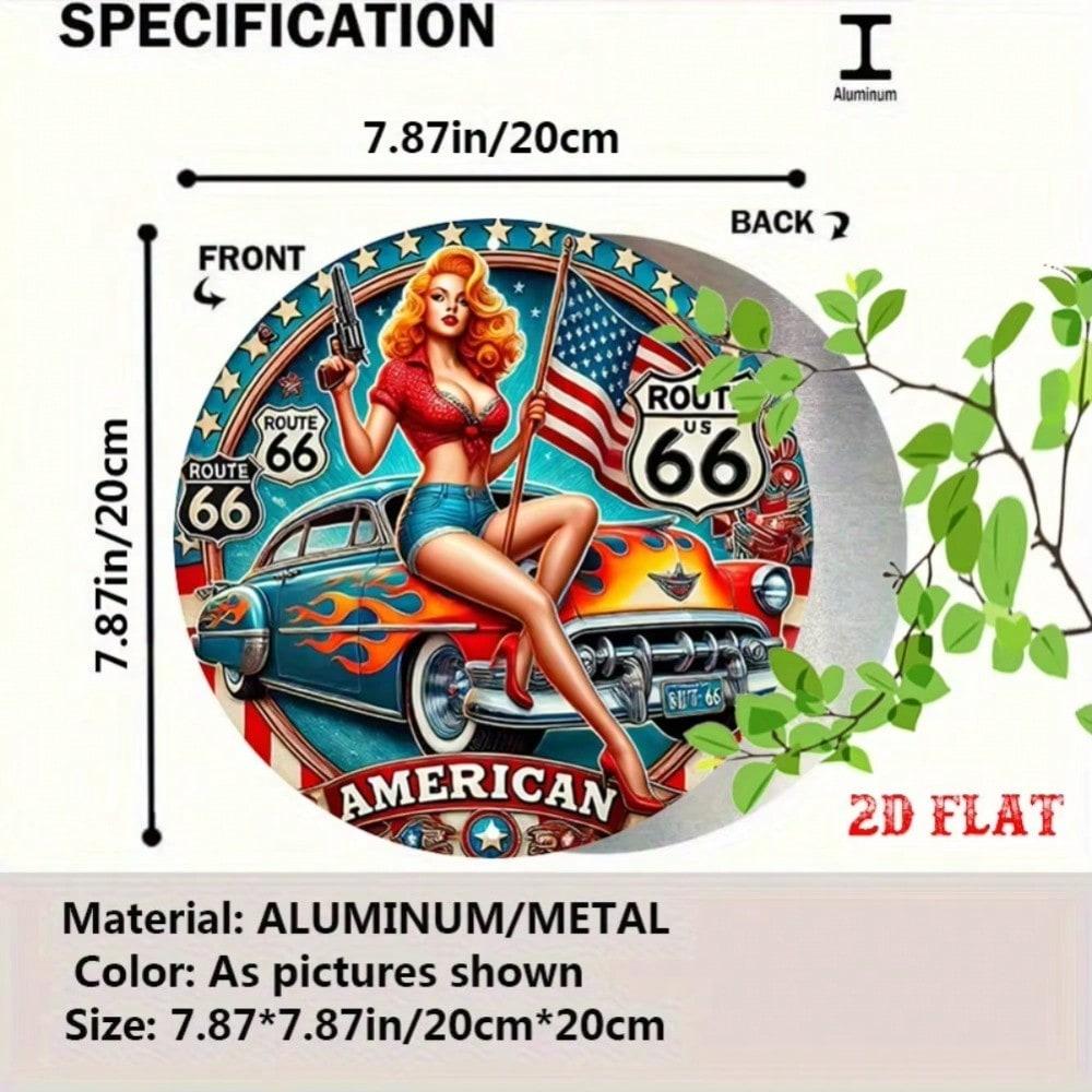 Vintage Route 66 Tin Sign Retro Pinup Girl Flag Classic Car Metal Wall Art Decor 20x20