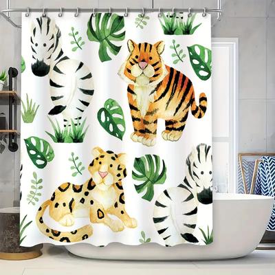 Tierprint Duschvorhang mit grünen Blättern Schwarz-Weiß Zebra Design für Badezimmerdekoration
