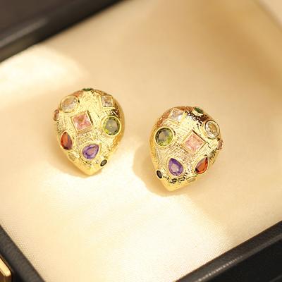 French Court Retro Style Colored Zircon Water Drop Shape Earrings, Gold-plated Versatile Earless Ear Clips, Earrings, Women's Models