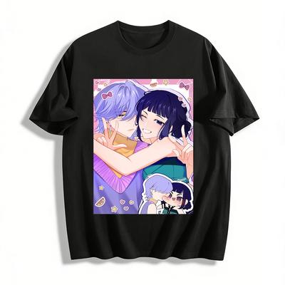 Anime Couple Print T-shirt Casual Loose Fit Unisex Top Trendy Cartoon Style Tees for Daily Wear Pure Cotton T-shirt