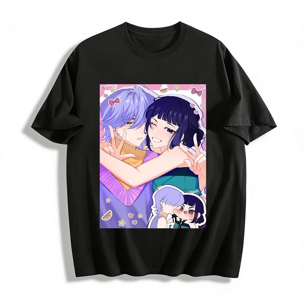 Anime Couple Print T-shirt Casual Loose Fit Unisex Top Trendy Cartoon Style Tees for Daily Wear Pure cotton T-shirt