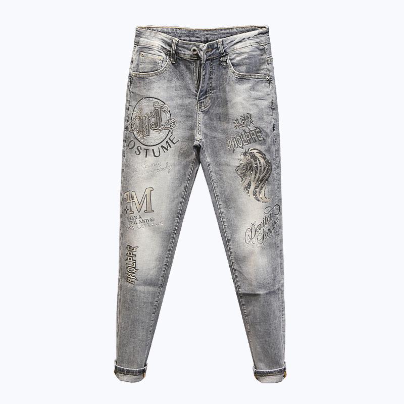 Men's Autumn European Slim-Fit Stretch Jeans with Hot Diamond Print - Trendy, Handsome, and Casual Long Pants