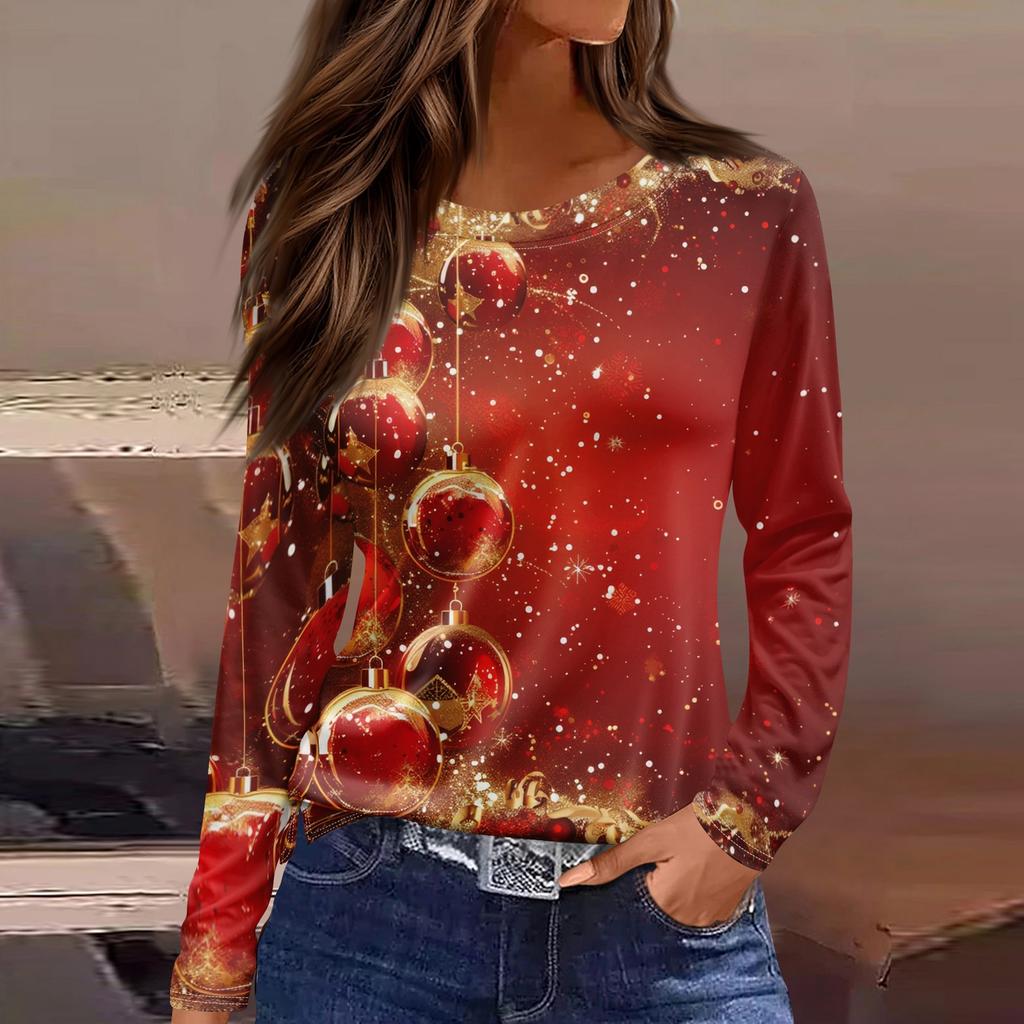 Women's Fashion Casual Slit Hem Round Neck Long Sleeve Loose Printed T-Shirt Ladies Top Christmas
