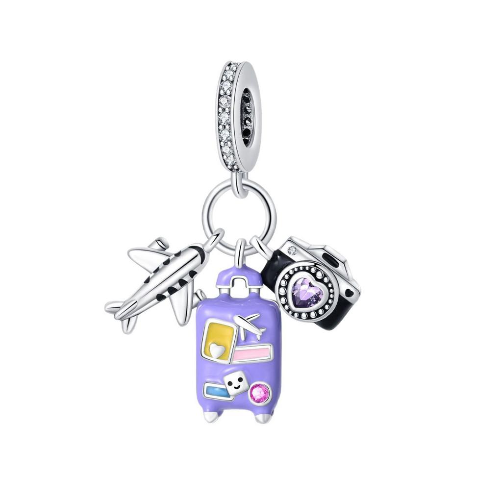 S925 Silber Reise Thema Flugzeug Gepäck Kamera Anhänger Perle DIY Schmuck Armband Zubehör Set