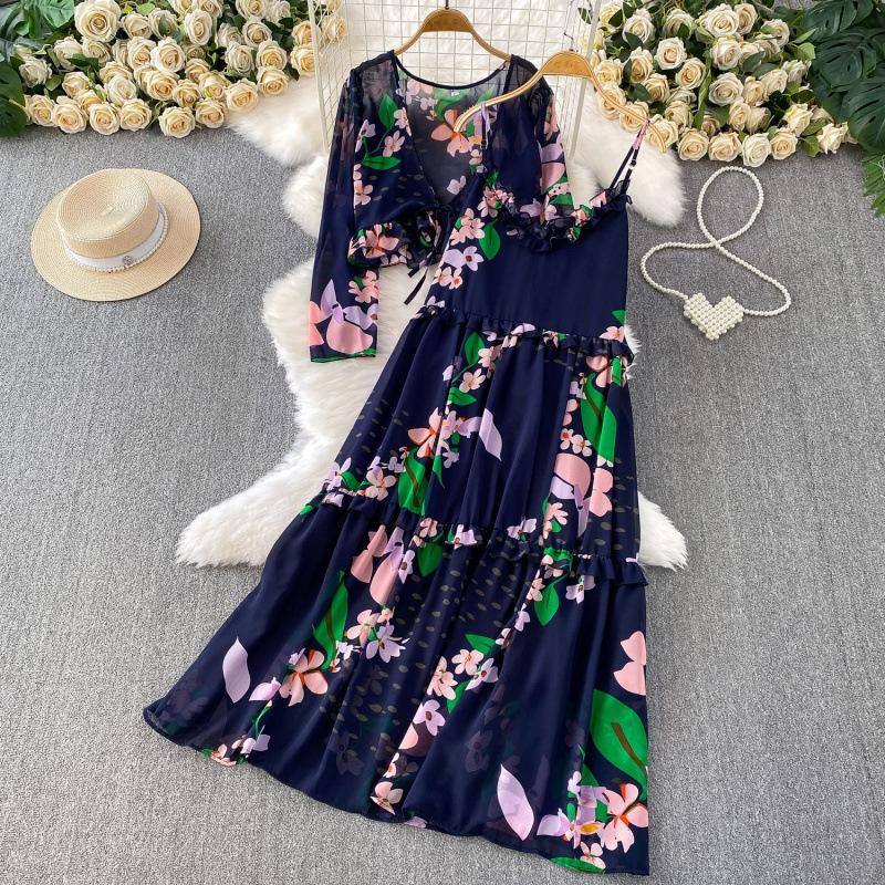 Large Size Maple Leaf Print Chiffon Long-sleeved Sunscreen Cardigan Jacket Set Loose and Thin Ruffle Edge Suspender Dress