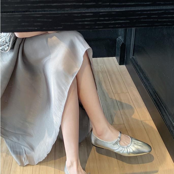 Cowhide Version~ Leather Pleated Flat-soled Retro Grandma Shoes Soft-soled Silver Mary Jane Shoes Women's Single Shoes Ballet Shoes