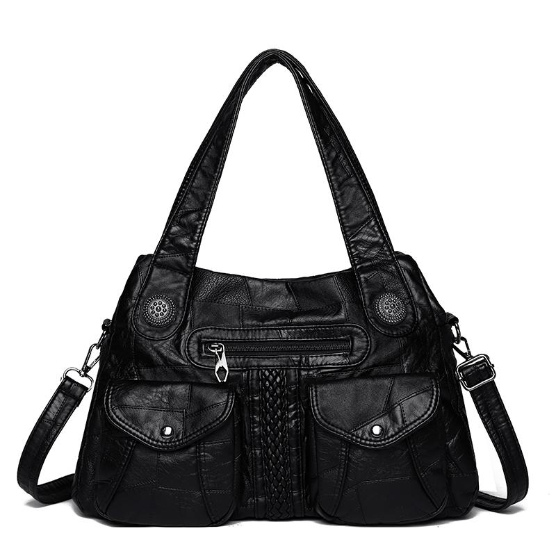 Women's Brown Textured Leather Hobo Bag Braided Detail Multi-Pocket Crossbody Shoulder Bag Fashion Casual Daily Handbag