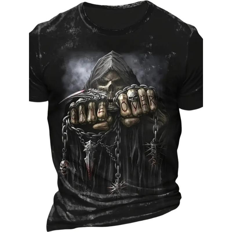 Men's 3D Skull Print T-Shirt Vintage Style Oversized Short Sleeve Round Neck T-Shirt Top Summer Harajuku Streetwear Men Clothing