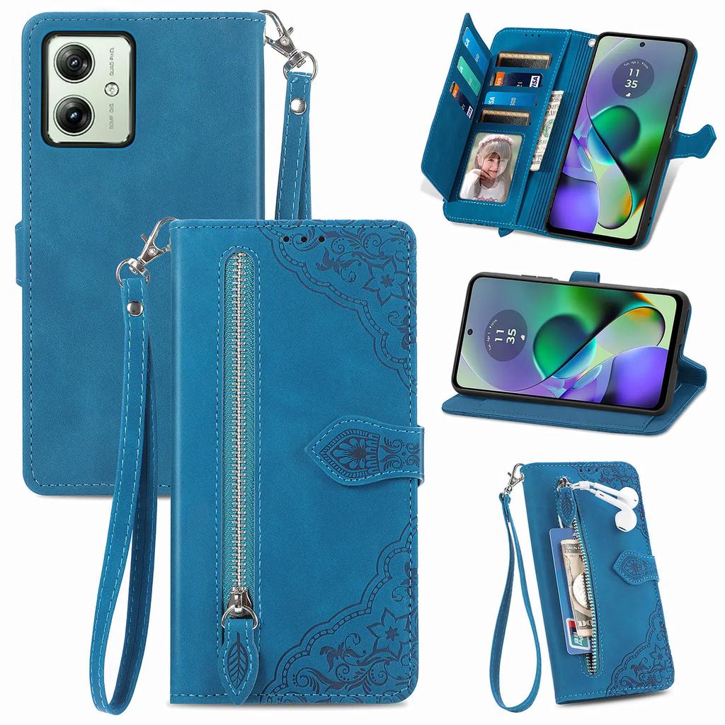 Zipper Cards Solt Leather Wallet Case for Motorola Moto G84 G54 G73 G53 G23 G72 G32 G60 G42 G52 Purse Pocket Stand Flower Cover
