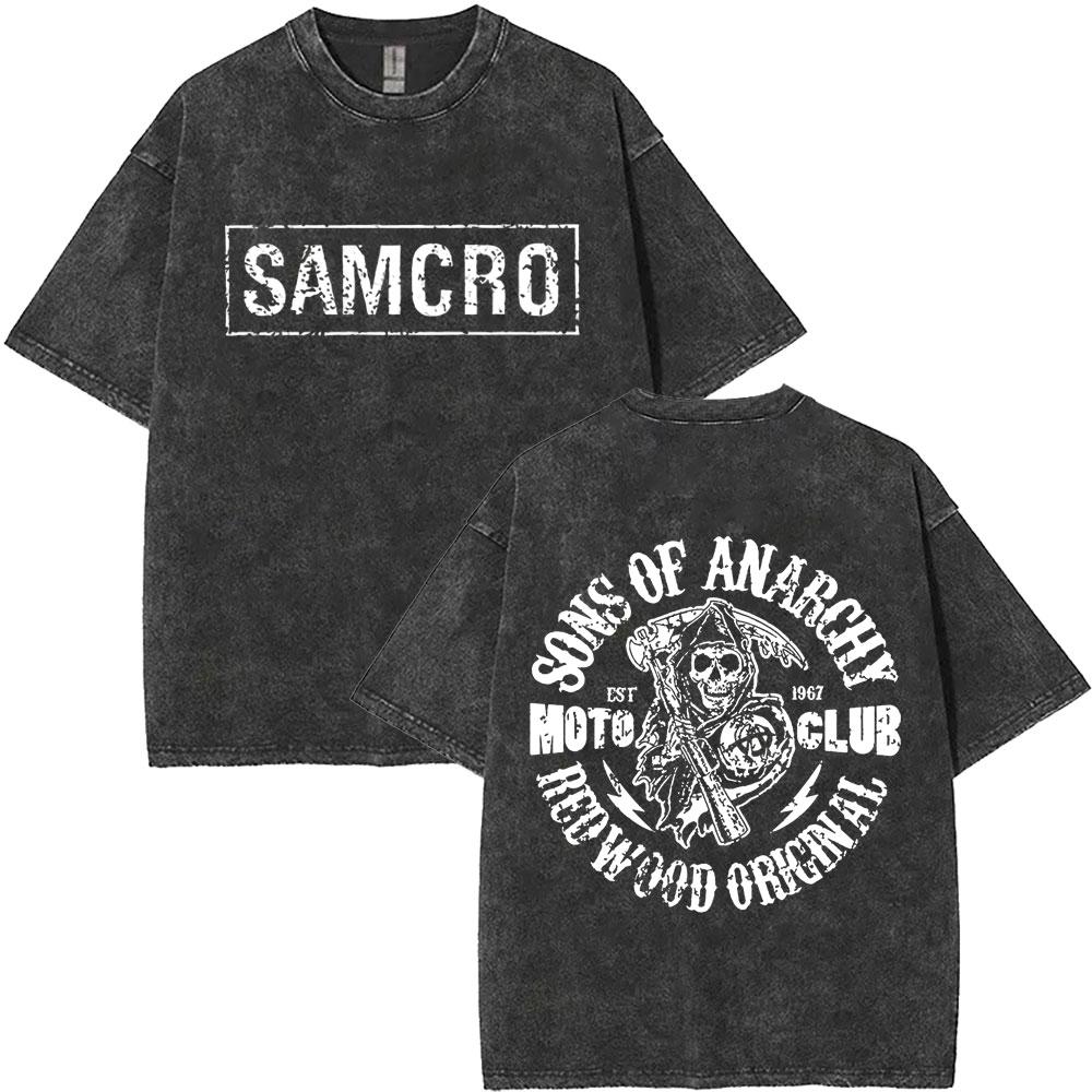 MXLLimited Anarchy Son Samcro Vintage Wash Tshirt Unisexs And Womens Skeleton Hip Hop Rock Casual Tshirt Short Sleeve Top
