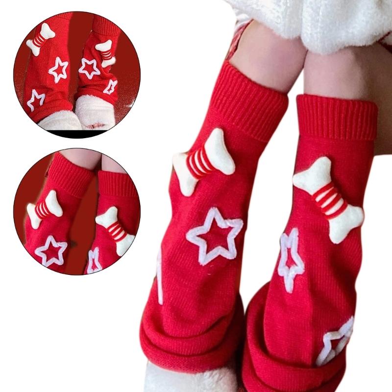 Meias longas Lolita femininas para outono e inverno, aquecedores de perna estilo Harajuku, adoráveis, com pequenos ossos em 3D e estrelas tricotadas, polainas para botas.