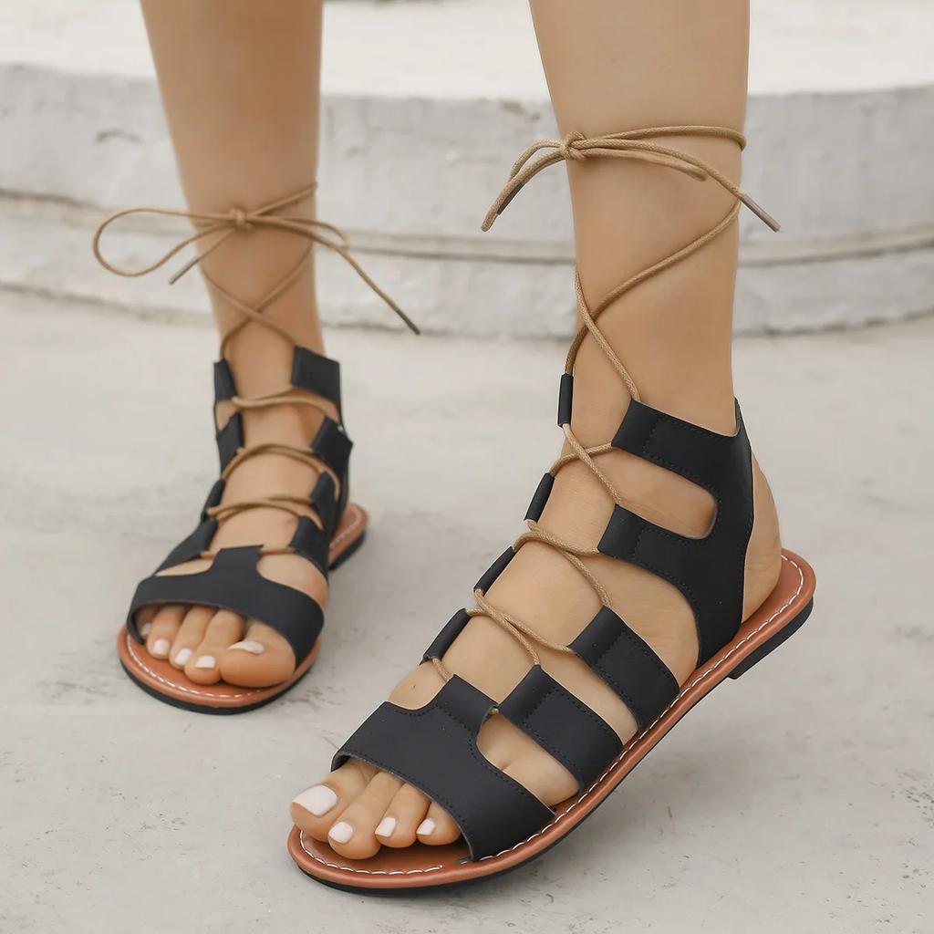 Fashion Women's Nude Lace-up Flat Sandals Summer Fashionable Elegant Gladiator Shoes Open Toe Designer Women's Shoes Zapatos De Mujer