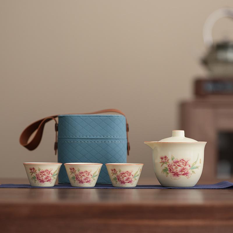 

Travel tea set Kuaike cup one pot three cups portable small set Ru kiln outdoor kung fu camping teacup teapot