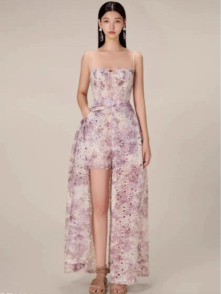 Vietnamese Designer Floral Embroidered Suspender Dress & Slim Split Long Skirt Set