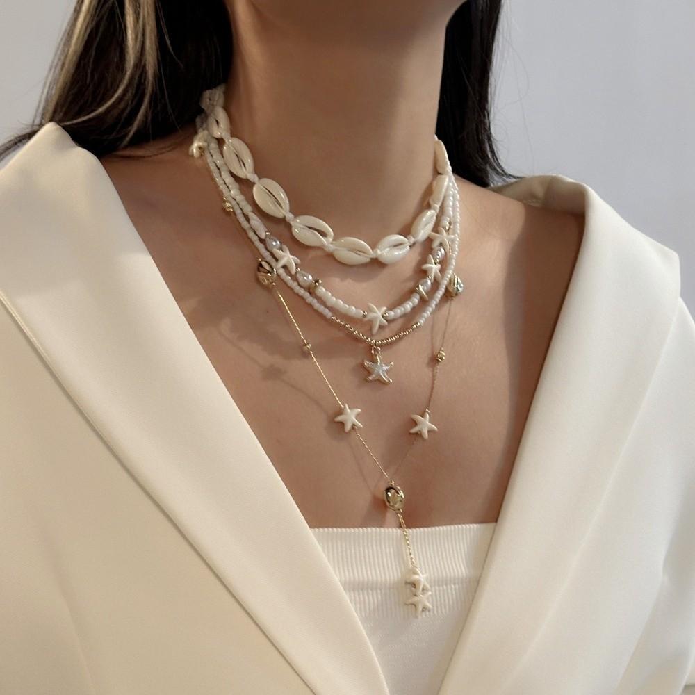 Trendy Multi-layer Starfish Pendant Ocean Style Bohemian Shell Conch Imitation Pearl Beaded Collar Summer Beach