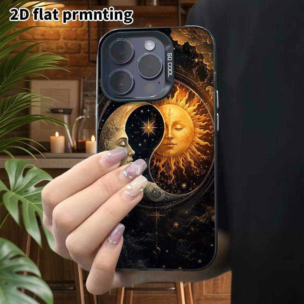 Phone Case: 2D flat design, fits iPhone 18, 17, 16, 15, 14, 13 Pro, color silver protective case, couple style, Sun and Moon Myth, Christmas and Hallo