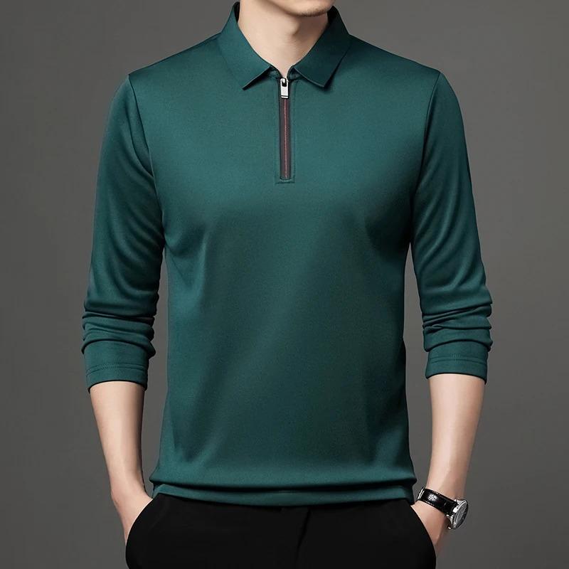 New T Shirt Zipper Polo Shirt Male Fashion Turn-Down Collar Long Sleeve Business Men Clothes