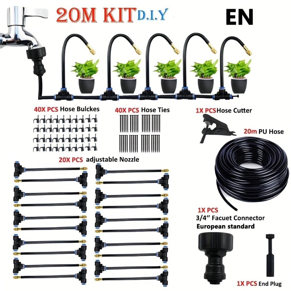 

20m Micro Drip Irrigation Kit with Adjustable 7.87 Brass Mist Nozzle - Automatic Watering System for Efficient Balcony & Greenhouse Gardening European Standard 20.0meter