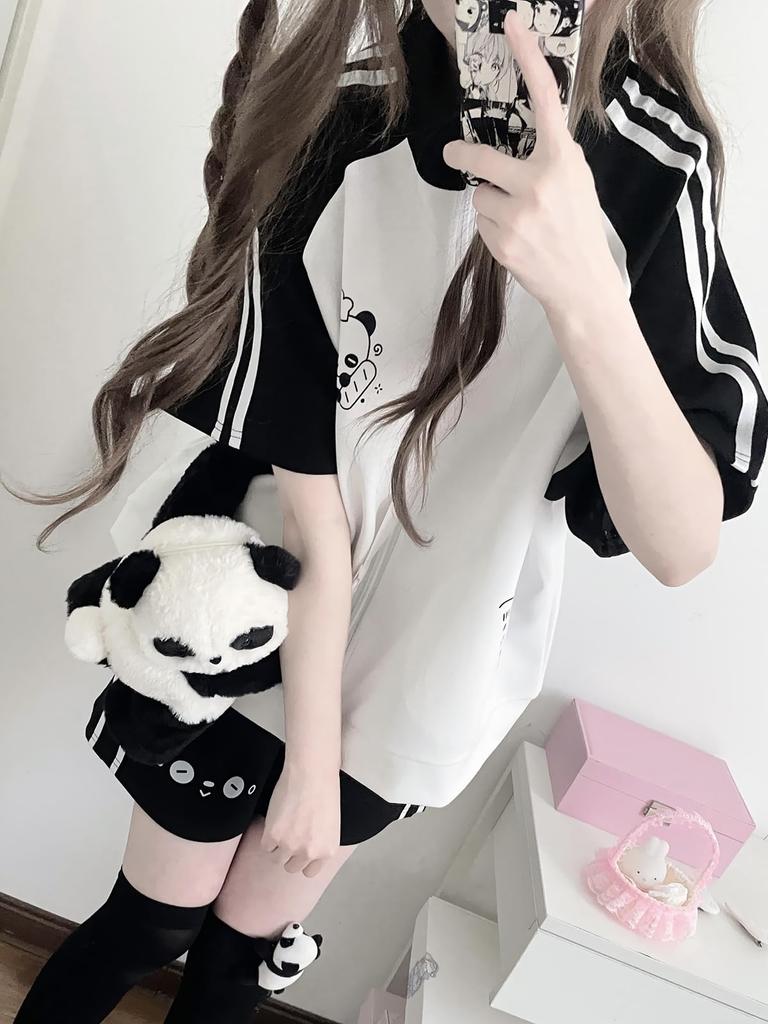 ZYOOFOV and Hoodie Short Subculture Panda Harajuku Plus School Style Women's Tracksuit, Pants, Shorts, Set, Sleeve, Unisex, Style, Zip-Up, Cute,