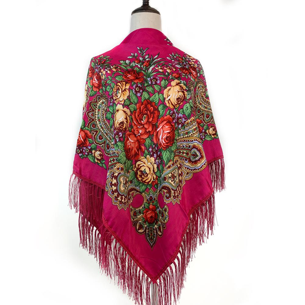 135*135Cm Russian Style Square Scarf For Women Luxury Floral Print Bandana Head Scarves Lades Fringed Shawl Headwraps Foulard