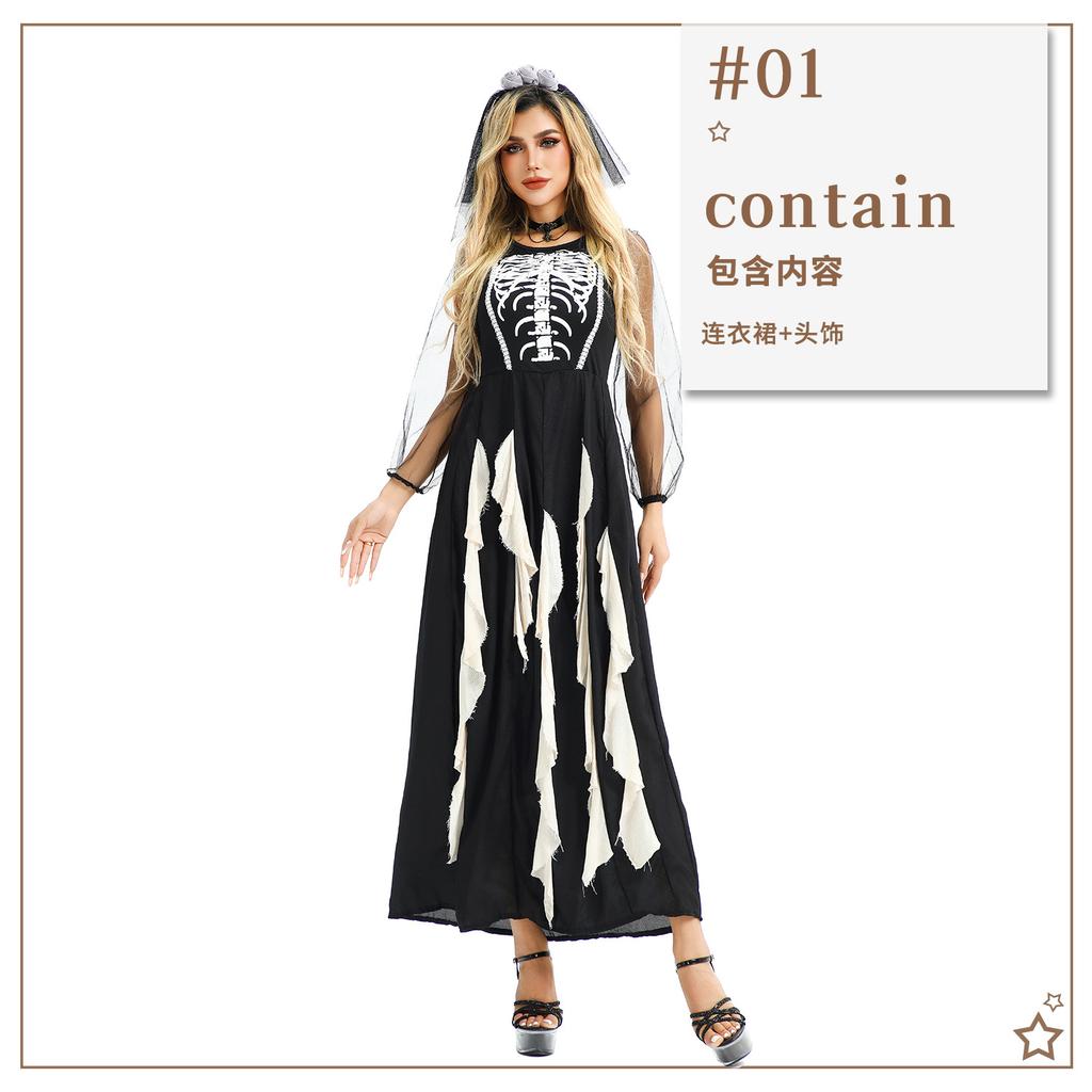 Halloween Costumes Euro-American Gothic Demon Ghost Bride Dress Dark Ghost Vampire Horror Skull Zombie
