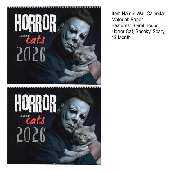 2026 Halloween Horror Movie And Cats Wall Calendar 12-Month Planner with Spooky Cat Illustrations Wall Hanging Spiral Bound Calendar for Scary