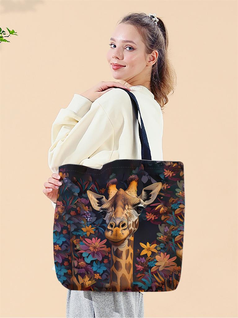 1pc,flower Giraffe Handbag, Reusable Fashionable Handbag, Multifunctional Handbag, Printed Canvas Shopping Bag
