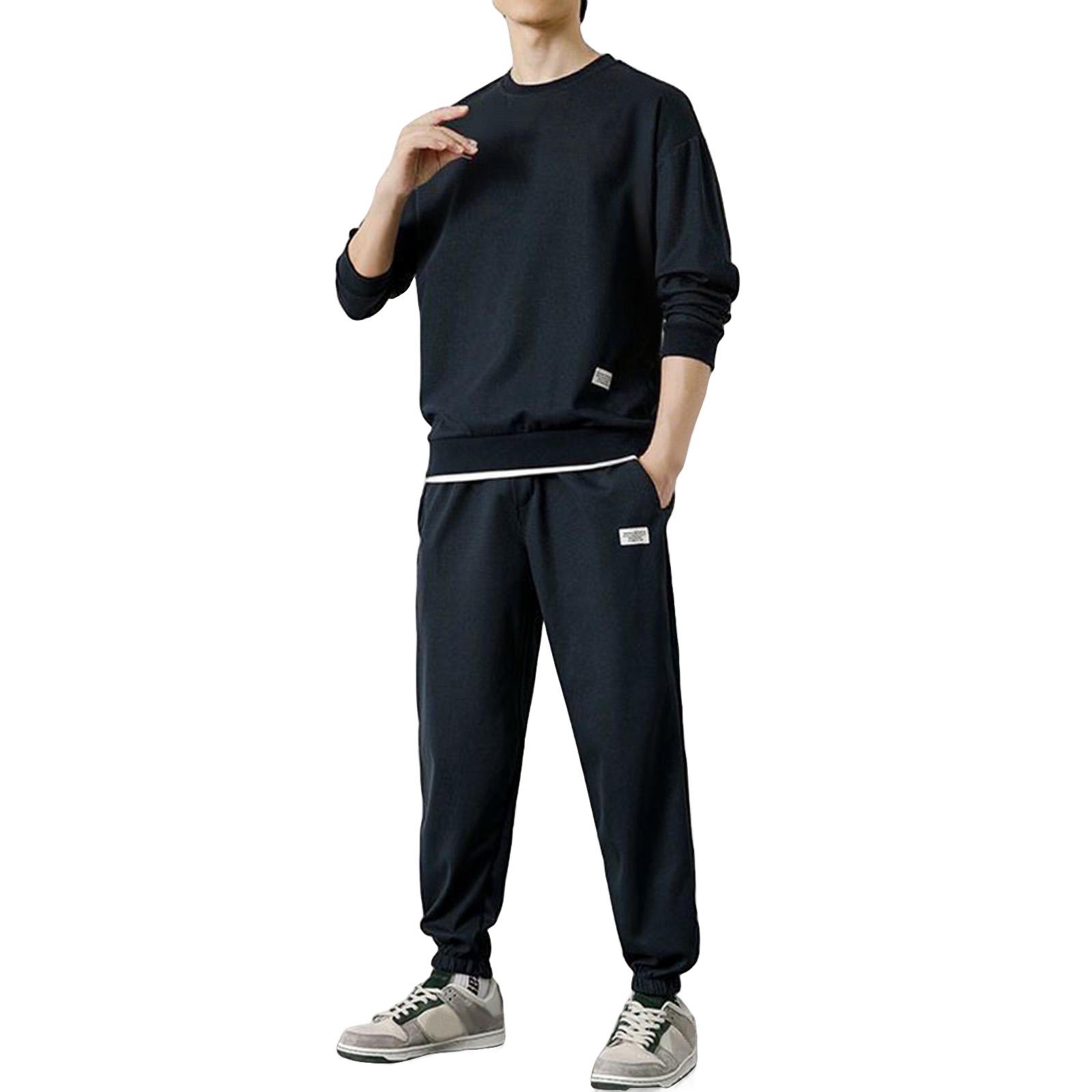 

Men s Solid Color Casual Fashion Long-Sleeved Round Neck Top Sweatpants Set M