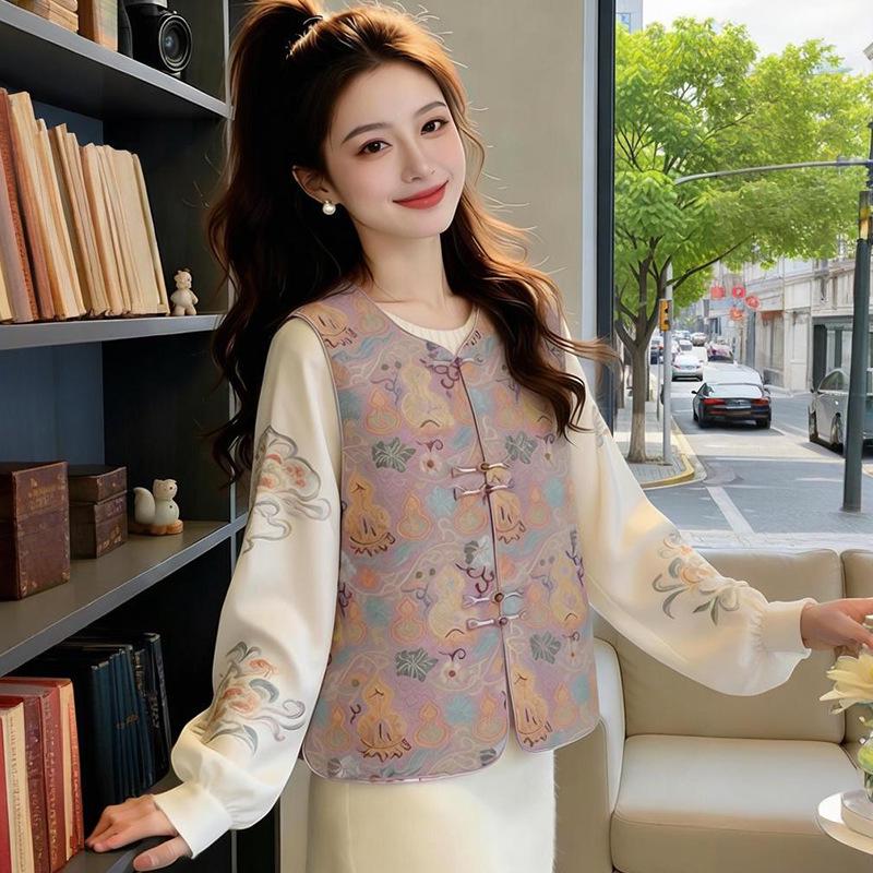 Elegant Retro Chinese Style Plus Size Vest for Middle-Aged and Elderly Women - Warm, Comfortable, Versatile Spring and Autumn Wear
