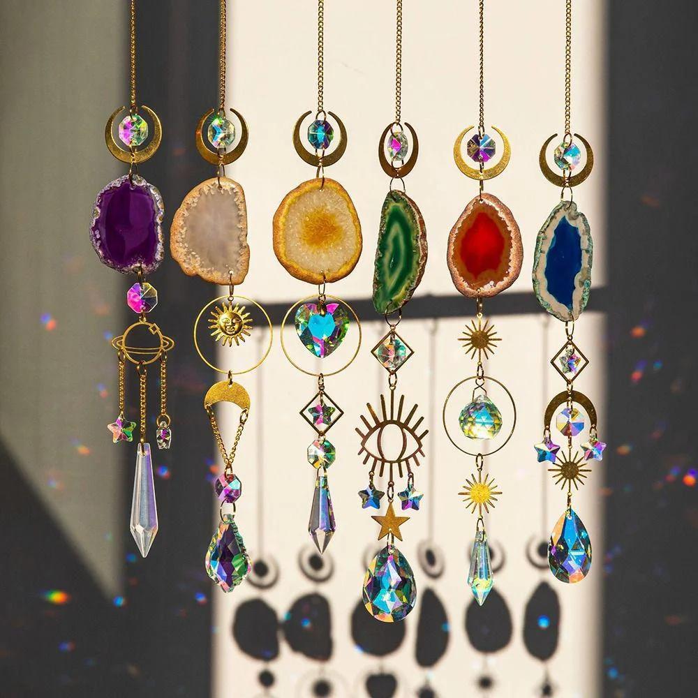 Natural Stones Agate Sun Catcher Agate Sun Catcher for Rainbow Maker Hanging Crystal Witch Suncatcher Windchime Wall Decor