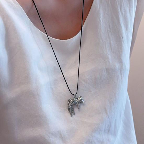 Horse Pendant Necklace Alloy Horse Charm with Tassel Tail Mane with Adjustable Rope Casual Animal Necklace