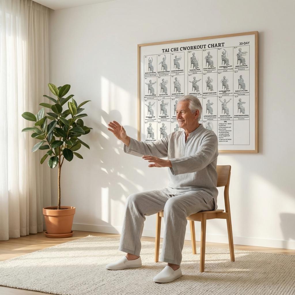 Tai Chi Stuhl-Übungsplan Poster für Anfänger und Senioren Sitzhaltung Workout Leinwand Wandkunst Heim-Fitnessstudio Wohnzimmer Dekoration