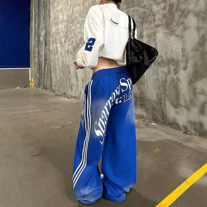 American Vintage Badge Print Track Pants Loose Fit Wide Leg Sweatpants Men Women Casual Streetwear