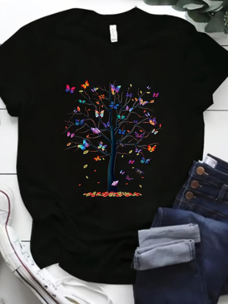Butterfly Tree Pattern Print Unisex T Shirt Round Neck Casual Short Sleeve Tops For Spring Summer Outfit
