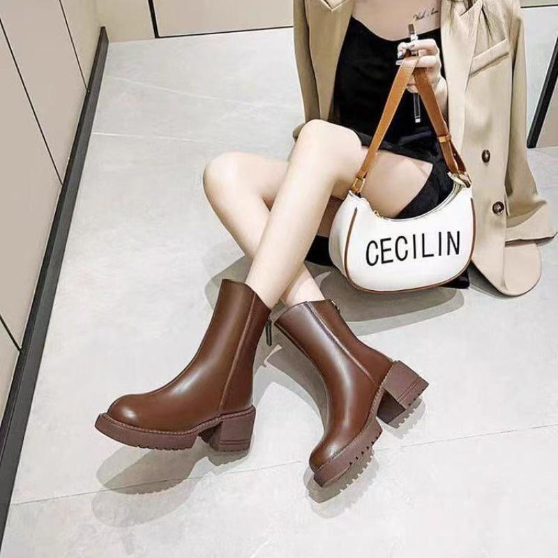 Coarse heel short boots women's spring and autumn single boots brown platform Martin boots women's new women's boots medium boots women