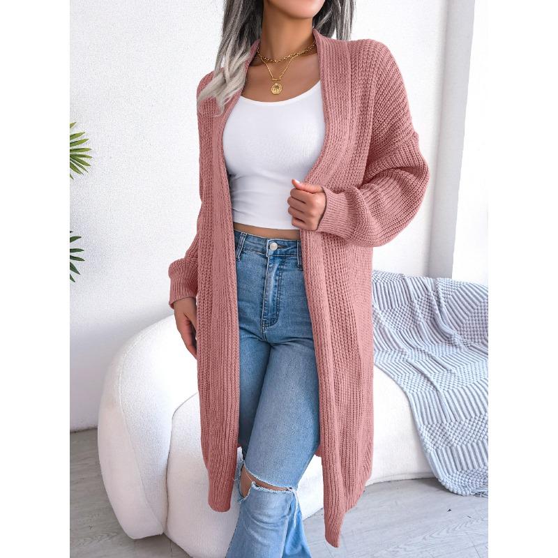 Solid Color Knitted Cardigan Women's Long Sleeved Sweater Jacket Thick Warm Knitted Long Coat with Flip Collar Autumn and Winte