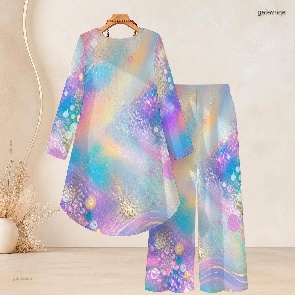 Women Plus Size Black Round Neck Long Sleeve Star Printed High Low Top Wide Leg Pants Two Piece Set
