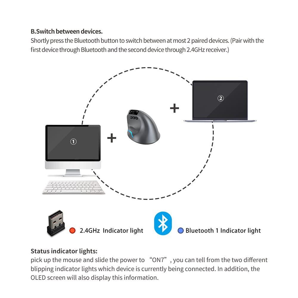 Wireless Rechargeable with 7 LED Ergonomic Vertical Compatible with and Black Bluetooth/USB 2.4G Dual-Mode Mouse, Display, 3200DPI, Buttons, Optical,