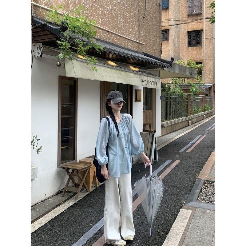 Kumikumi French style Elegant Lace-up Thin Long sleeve Shirts Women clothes Early Autumn Niche Age-Reducing Loose Slimming Top