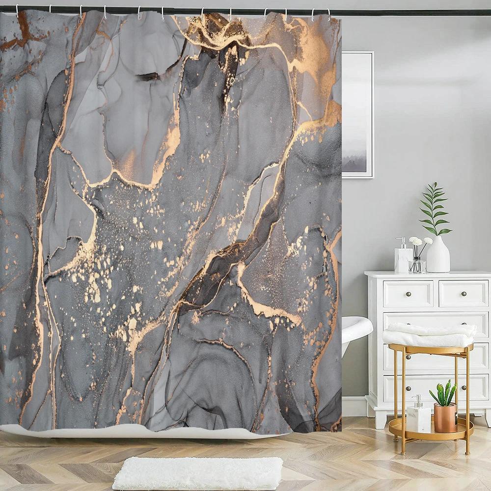 Blue Gold Marble Ink Texture Shower Curtain Abstract Modern Shower Curtain for Bathroom Decor with Hooks 3D Bathroom Screen