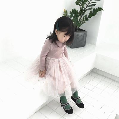 2022 Mädchen Spitzenkleid Langarm mit Stern Kinder Prinzessin Kleid Babykleid