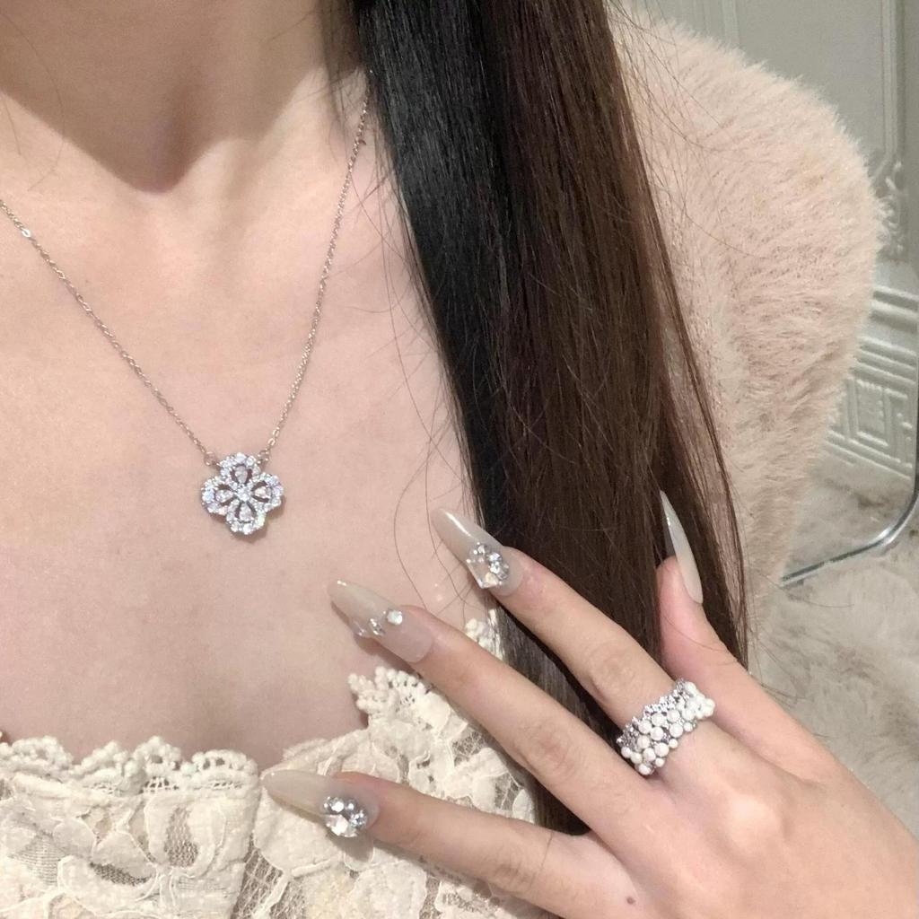 925 Sterling Silver Four-Leaf Clover Diamond Necklace - Women's Luxury Fashion