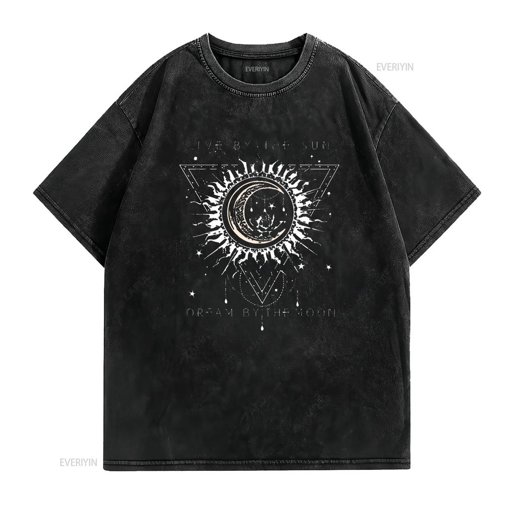 Live By The Sun Dream Moon Boho T Shirt vintage Washed Versatile Top For Everyday Wear Comfortable streetwear Slightly fashion