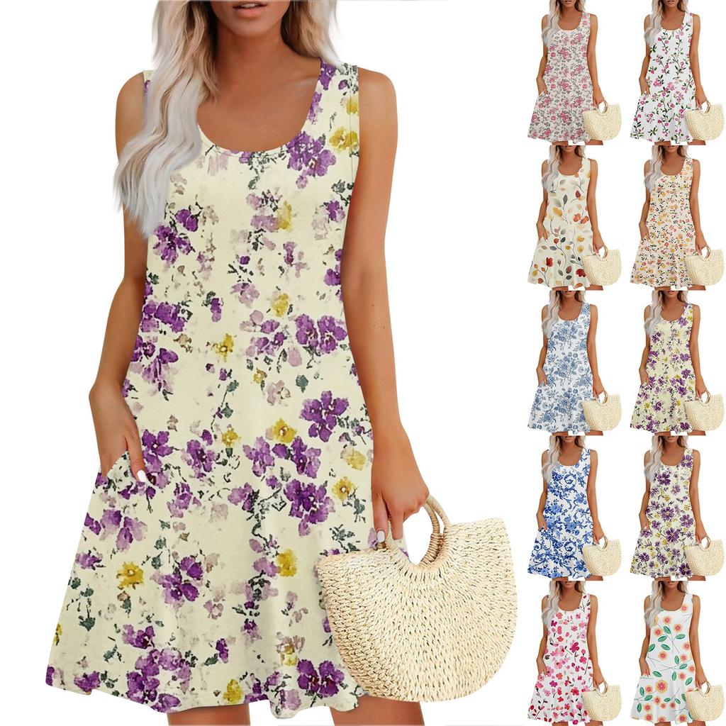 Women's Summer Floral High Waist Bohemian Dress Casual Hawaiian Flowing V Neck Holiday Dress