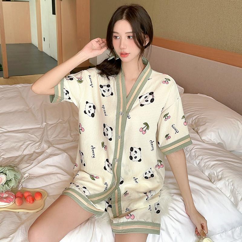 Panda Cartoon Sweet Short-sleeved Shorts Bubble Cotton Crepe Summer Thin Pajamas Girl Print Loungewear Set