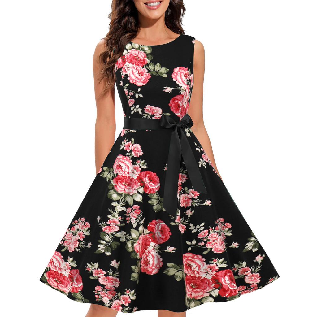 Women Summer Floral Print Sleeveless O Neck A Line Slim Midi Dress