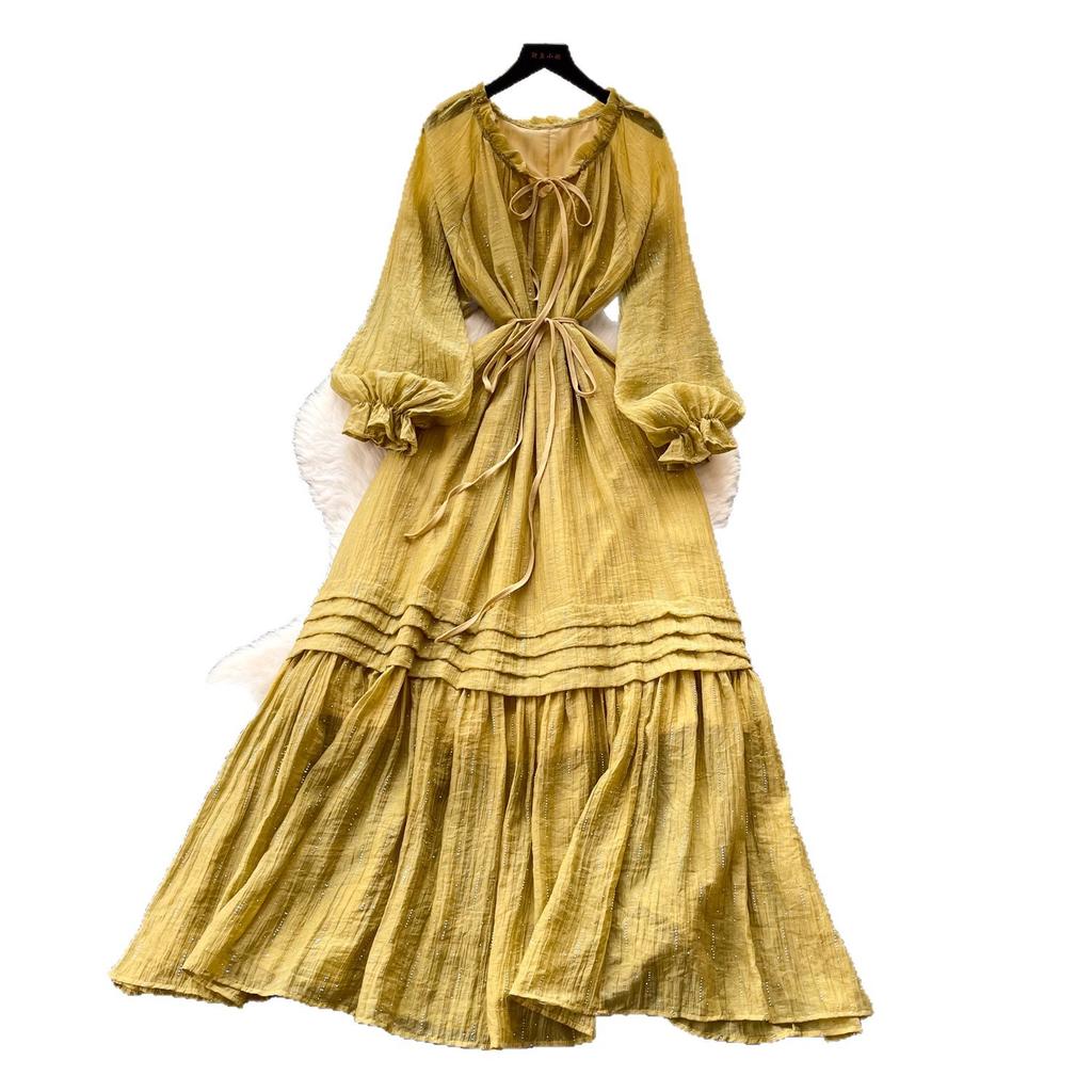 French Sweet Wind Lantern Sleeve Dress Women's Spring Strap Waist Thin A Character Temperament Long Dress Pink