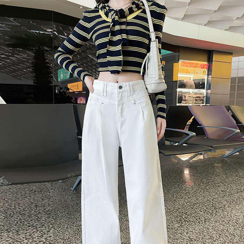 

Women s High-Waist Off-White Wide-Leg Denim Jeans, Winter 2026 Style, Floor-Length, Slimming Korean Fashion. S