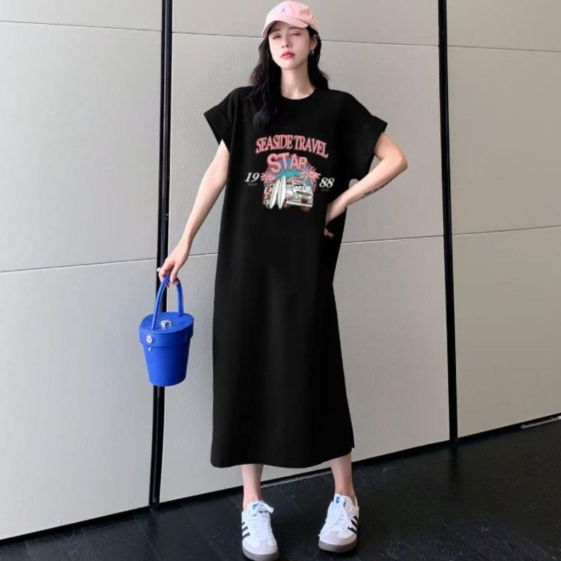 

Letter-print Short-sleeved T-shirt, Loose Mid-length Knee-length Slit Dress 4XL чорний